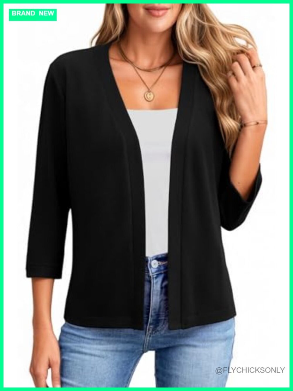 Womens 3/4 Sleeve Open Front Cropped Cardigan Light Knit